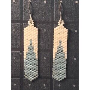 Vintage Handmade Teal & Cream Seed Bead Pierced Earrings
